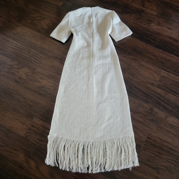 ZARA Ivory Tweed Textured Fringe‎ Trim Maxi Dress Size Small - Picture 11 of 16